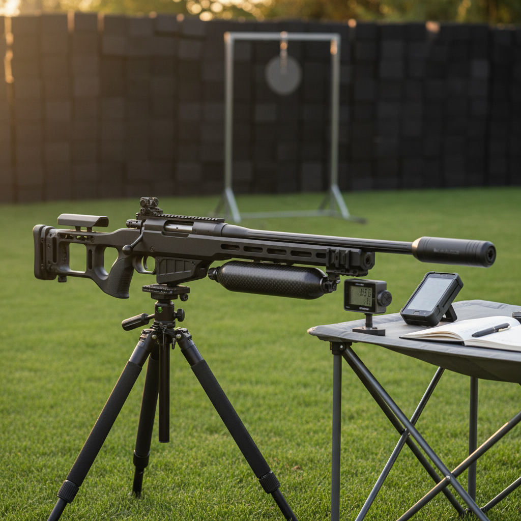 A realistic PCP air rifle with a sleek black tactical chassis, adjustable cheek rest, and stubby moderator resting on a sturdy shooting tripod in a grassy backyard. A compact digital chronograph sits low in front of the muzzle, its small screen faintly glowing, while a phone-sized ballistic app device rests on a nearby folding camp table beside a notebook and pen. Warm golden-hour sunlight rakes across the rifle, catching the knurled texture of the side lever and the glossy sheen of the carbon-fiber air bottle. The background shows a safe backstop of stacked rubber mulch and a hanging steel spinner target, softly out of focus. Photographic realism, three-quarter angle with moderate depth of field, evoking a serious yet approachable testing-and-tuning atmosphere.