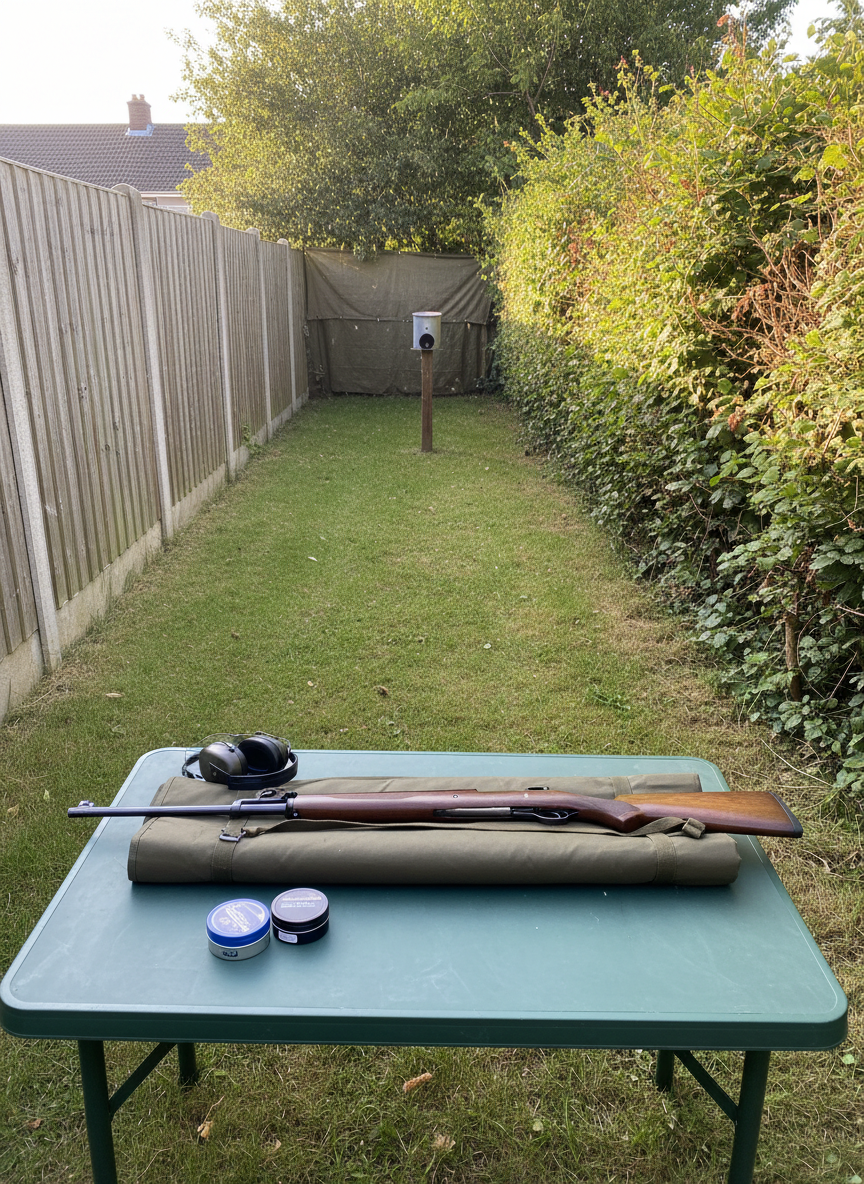 A small, tidy backyard shooting lane framed by a tall wooden privacy fence on one side and a line of dense shrubs on the other, leading to a compact pellet trap mounted on a sturdy post. In the foreground, a simple folding shooting table holds a mid-range break-barrel air rifle laid across a rolled-up shooting bag, with a few tins of pellets grouped neatly beside it. Late afternoon sunlight filters through leaves, casting dappled patterns on the grass and table. The mood is relaxed and inviting, with an emphasis on a realistic, everyday environment. Photographic realism, composed from behind the table at eye level, giving the viewer the sense of standing in the shooter’s spot.
