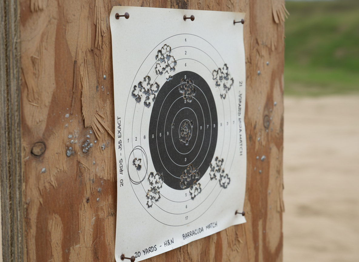 A close-up, side-on view of a paper target pinned to a rough plywood backer, peppered with tight pellet groups from a .177 air rifle. Several ragged cloverleaf holes encircle the bullseye, with handwritten notes in pen indicating distance and pellet type along the margins. The edges of the paper are slightly torn and curled. Soft, overcast outdoor light evenly illuminates the target, revealing subtle wood grain behind it and a few embedded lead marks. The shallow depth of field leaves the sandy ground and a grass edge behind the backer gently blurred. Photographic realism, capturing a quiet, focused mood that emphasizes honest results and practical testing rather than flashy marketing.