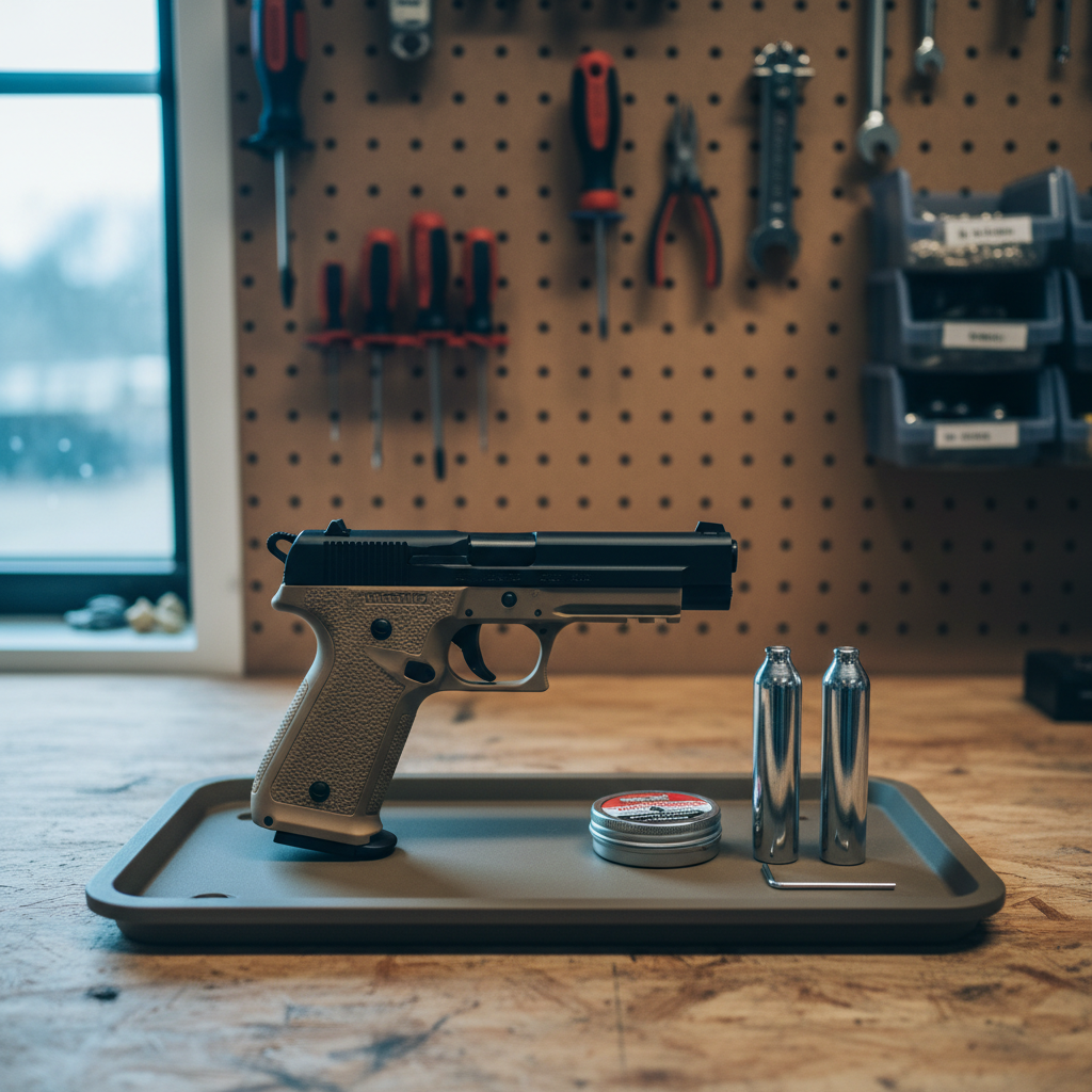 A compact CO2-powered air pistol with a tan polymer frame and black metal slide lying on a flat dark earth Kydex tray atop a simple plywood workbench. Next to it are two shiny CO2 cartridges, a tin of wadcutter pellets, and a small hex key. Cool, diffused overcast window light from the left highlights the pistol’s stippled grip texture and engraved markings while creating soft reflections on the CO2 cylinders. The background fades into a blurred pegboard wall with neatly hung tools and a few labeled plastic parts bins. Photographic realism, top-down composition with sharp focus across the frame, conveying a clean, methodical, gear-focused mood suited to a straightforward airgun blog.