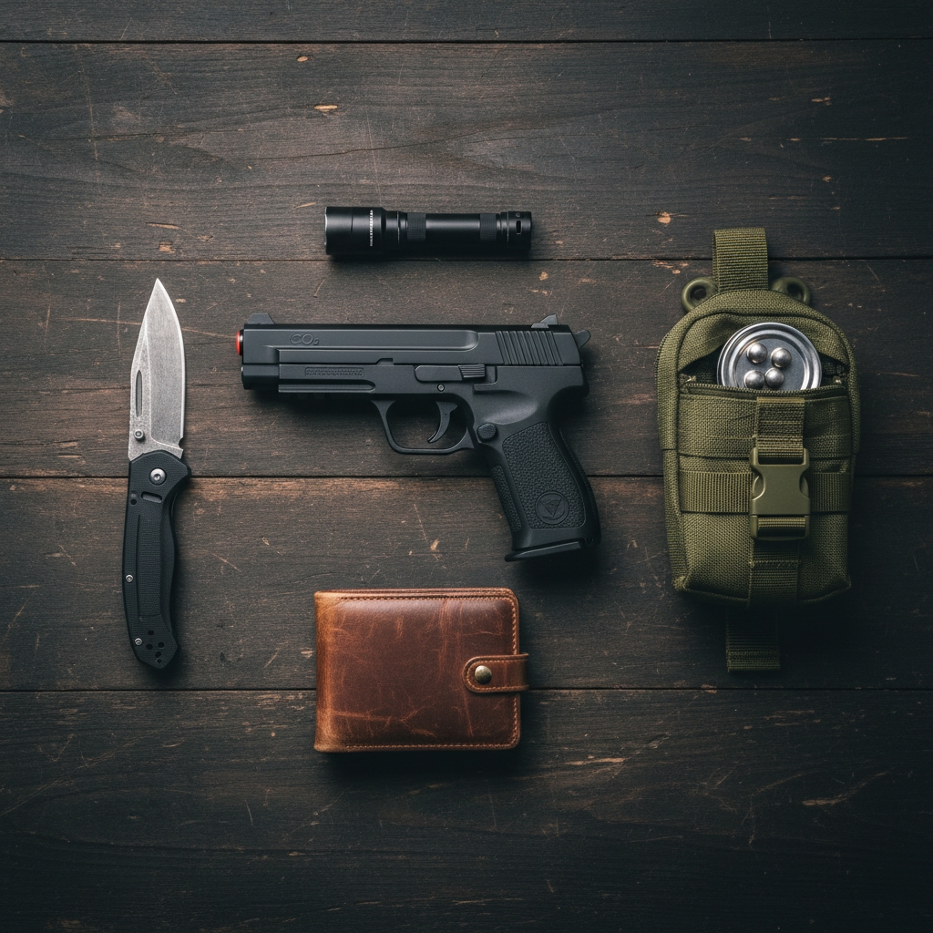A minimalist flat-lay of everyday carry and airgun-related outdoor gear neatly arranged on a dark, slightly scuffed wooden tabletop. Centered is a compact black CO2 pistol with fiber-optic sights, surrounded by a folding pocket knife with a stonewashed blade, a small LED flashlight, a simple leather wallet, and a rugged nylon belt pouch holding a pellet tin just peeking open. Neutral, soft studio lighting from above provides even illumination with subtle shadows defining each item’s shape and texture. The background is clean and uncluttered, emphasizing practicality over flash. Photographic realism, overhead composition with moderate contrast and muted colors, capturing a pragmatic, real-world EDC-plus-airguns vibe that matches a straightforward, gear-focused blog aesthetic.