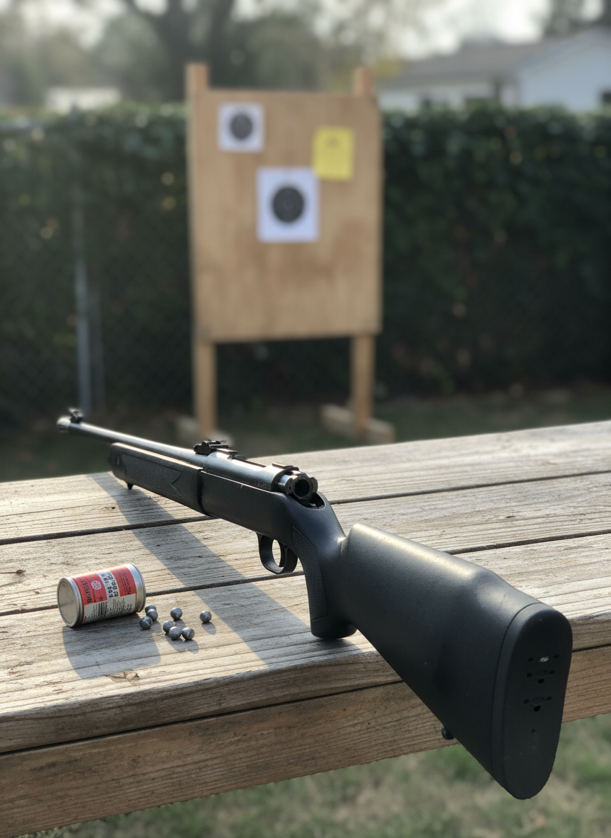 A well-used .22 caliber break-barrel air rifle with a matte black synthetic stock and lightly scuffed rubber buttpad resting diagonally across a weathered wooden shooting bench in a suburban backyard. The barrel is broken open to show an empty breech, and a small tin of domed pellets sits nearby with a few pellets spilled out. Late afternoon natural light creates soft highlights along the blued steel barrel and scope tube, casting gentle shadows on the bench. In the blurred background, a simple plywood target backer stands against a fence with a few paper bullseyes. Photographic realism, shot at eye level with shallow depth of field for a calm, honest, no-nonsense backyard plinking atmosphere.