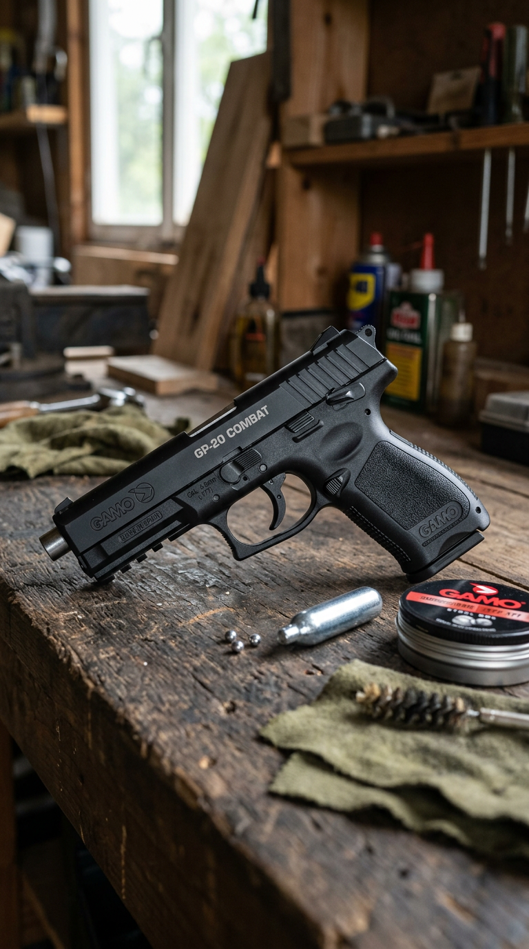 GP-20 Combat air pistol with CO2 cartridge and pellets on workbench
